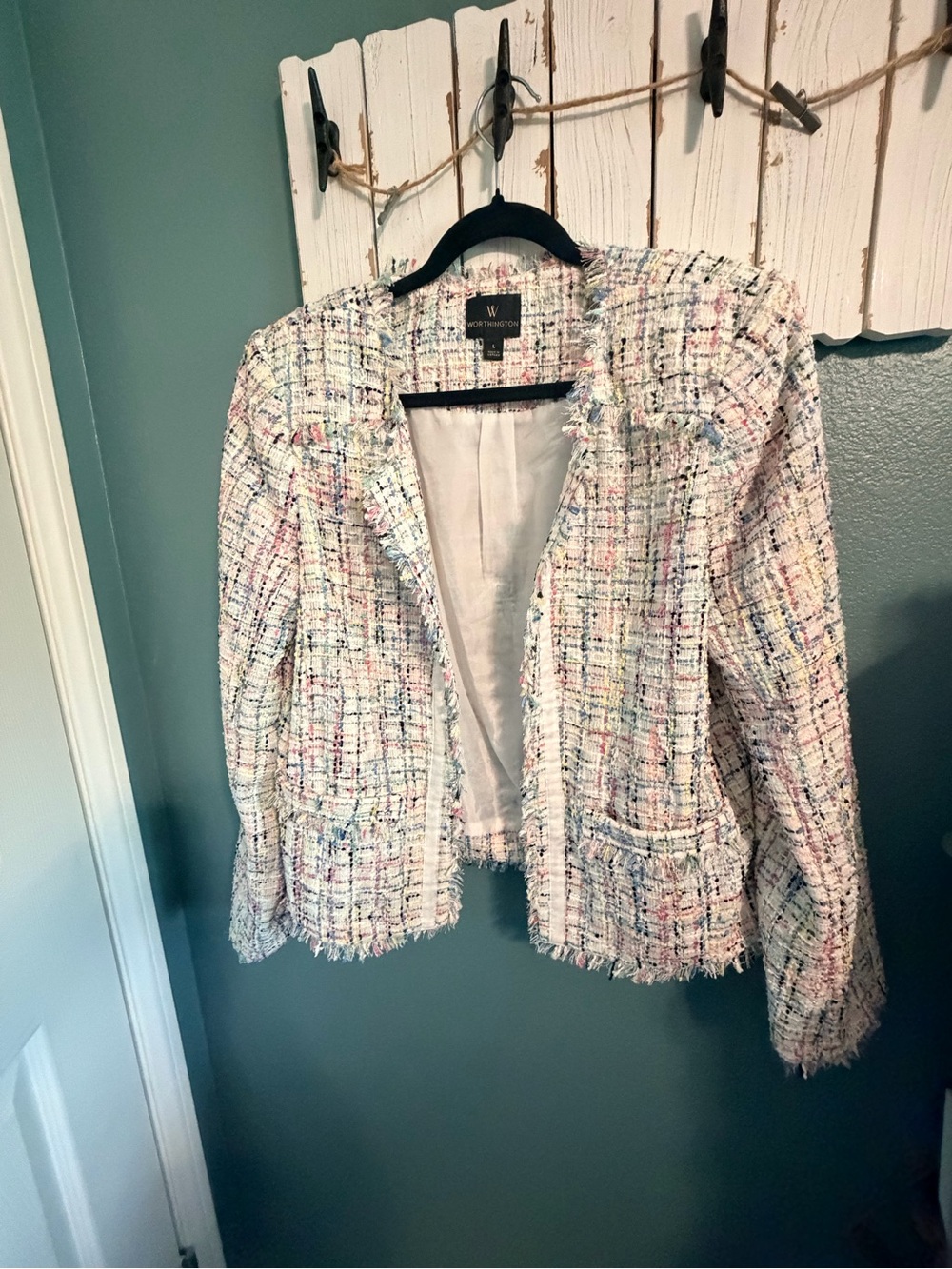 Worthington Cream Tweed Fringe Open-Front Jacket with Pastel Threads